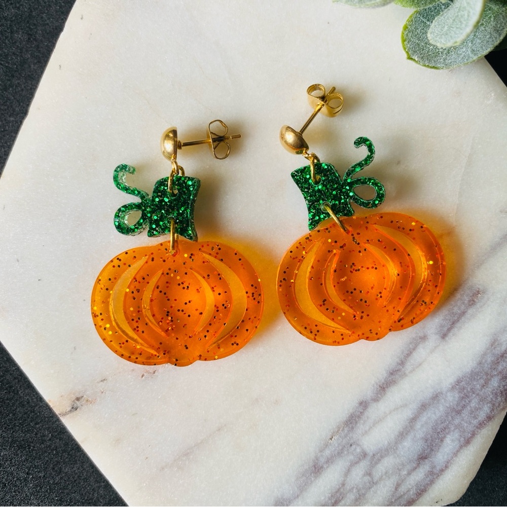 Fall Pumpkin Earrings Dangle Glitter Autumn Jewelry